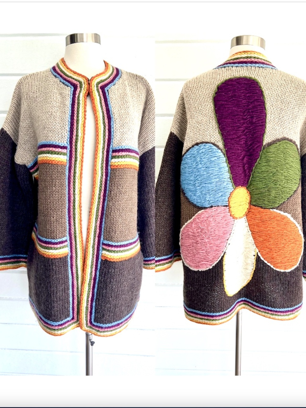 AMAZING!! Hand Knit Cardigan with Giant Flower Design - M/L